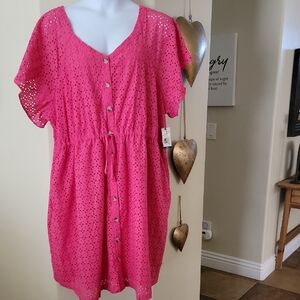 TERRA & SKY Flutter Short Sleeve Eyelet Plus Size Spring Midi Dress Pink 3X NWT